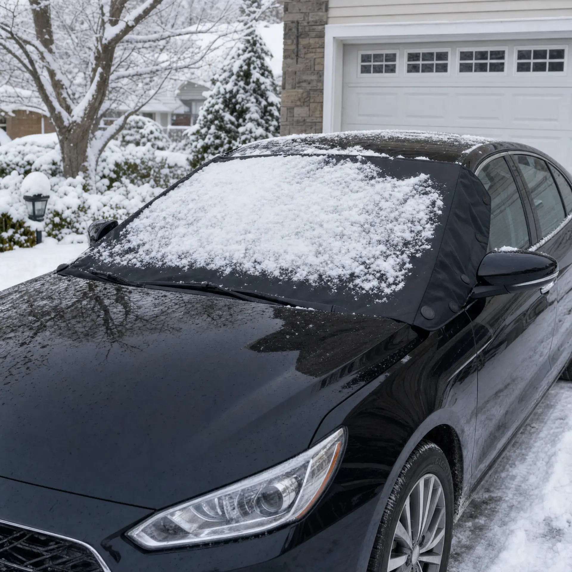 Black Frostly cover installed on a parked car in a snowy driveway